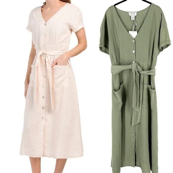 NWT Rachel Zoe 100% Linen Green Button Front Short Sleeve Mini Shirt Dress XL - Picture 1 of 9